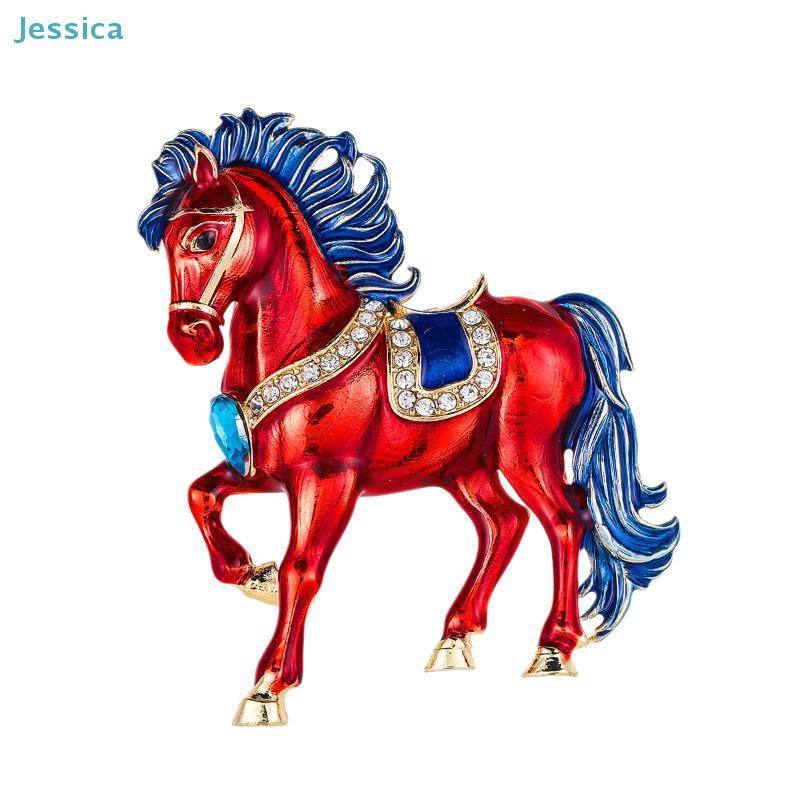 Enamel Red Horse Figurine Brooch - Rhinestone Decorated Animal Brooch Pins Year Of The Horse Party Jewelry Gift
