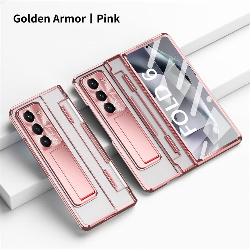 For Samsung Galaxy Z Fold 8 Ultra /7 6 5 4 3 Transparent Plating PC Hinge Protect Full Body Cover Stand Case With Tempered Glass