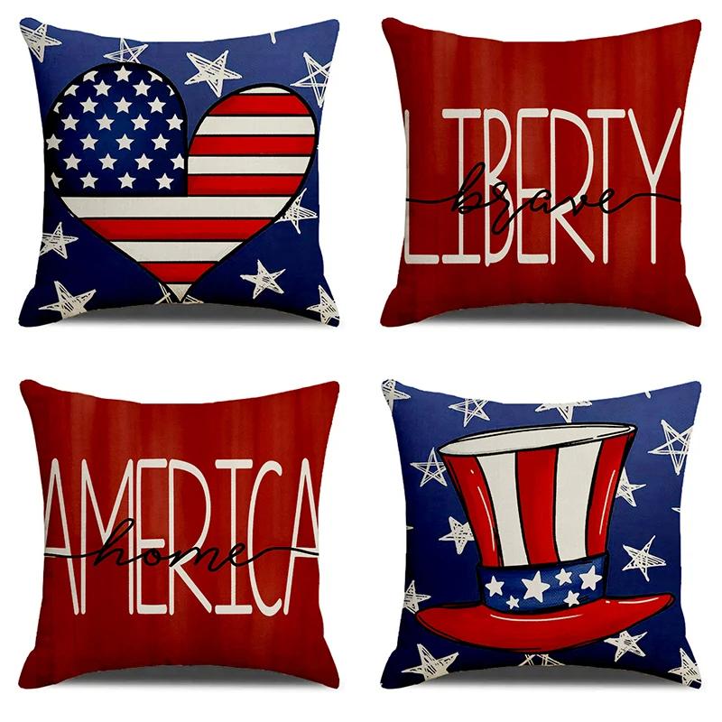 Independence Day Liberty Hat Heart Printed Soft Square Pillowslip Linen Blend Cushion Cover Pillowcase Living Room Home Decor
