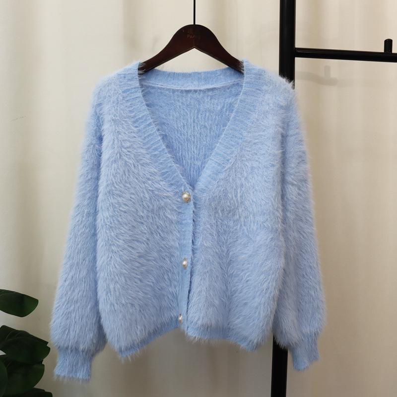 Solid color imitation mink velvet knitted cardigan autumn and winter new loose soft waxy high-end sweater jacket women