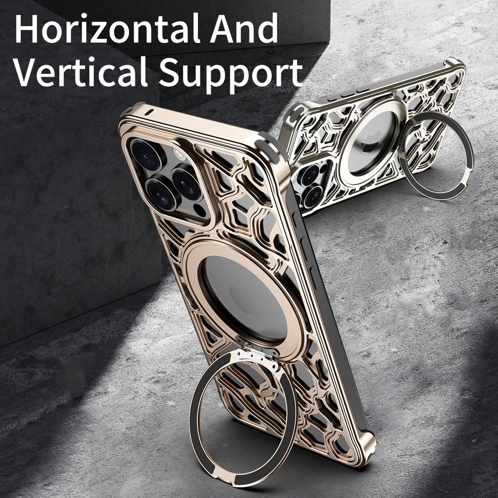 For iPhone 16 Pro Bumper Case Alloy Metal Borderless Back Cover with Magnetic Kickstand