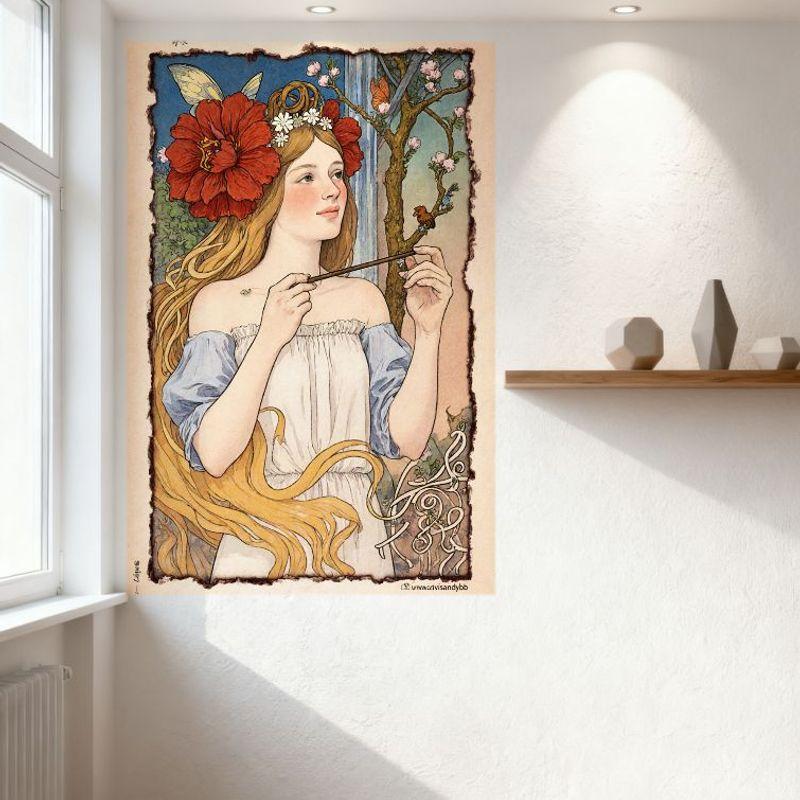 Jugendstil Verspielte Frau Goldene Haare Blumenkranz Metallblechschild Vintage Wanddeko für Zuhause Café Pub 8x12 Zoll Kunstposter