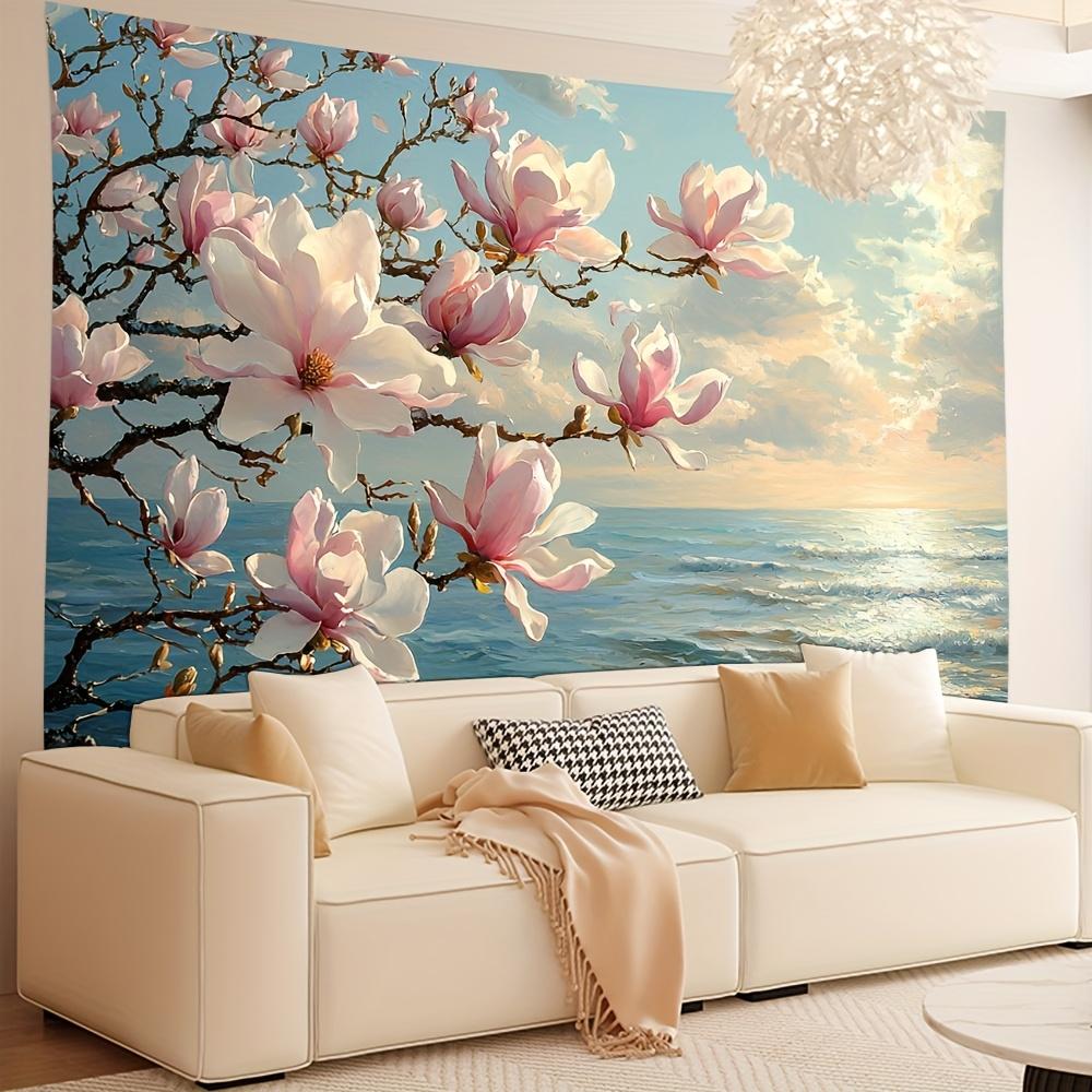 1pc Tranquil Beach Blooming Magnolia Tree Tapestry - Polyester Fabric, Machine Washable, Suitable for Bedroom Living Room