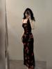 Spring New Retro Floral Suspender Dress Temperament Pure Desire Style Printing Waist Fold Split Fork Long Dress Children