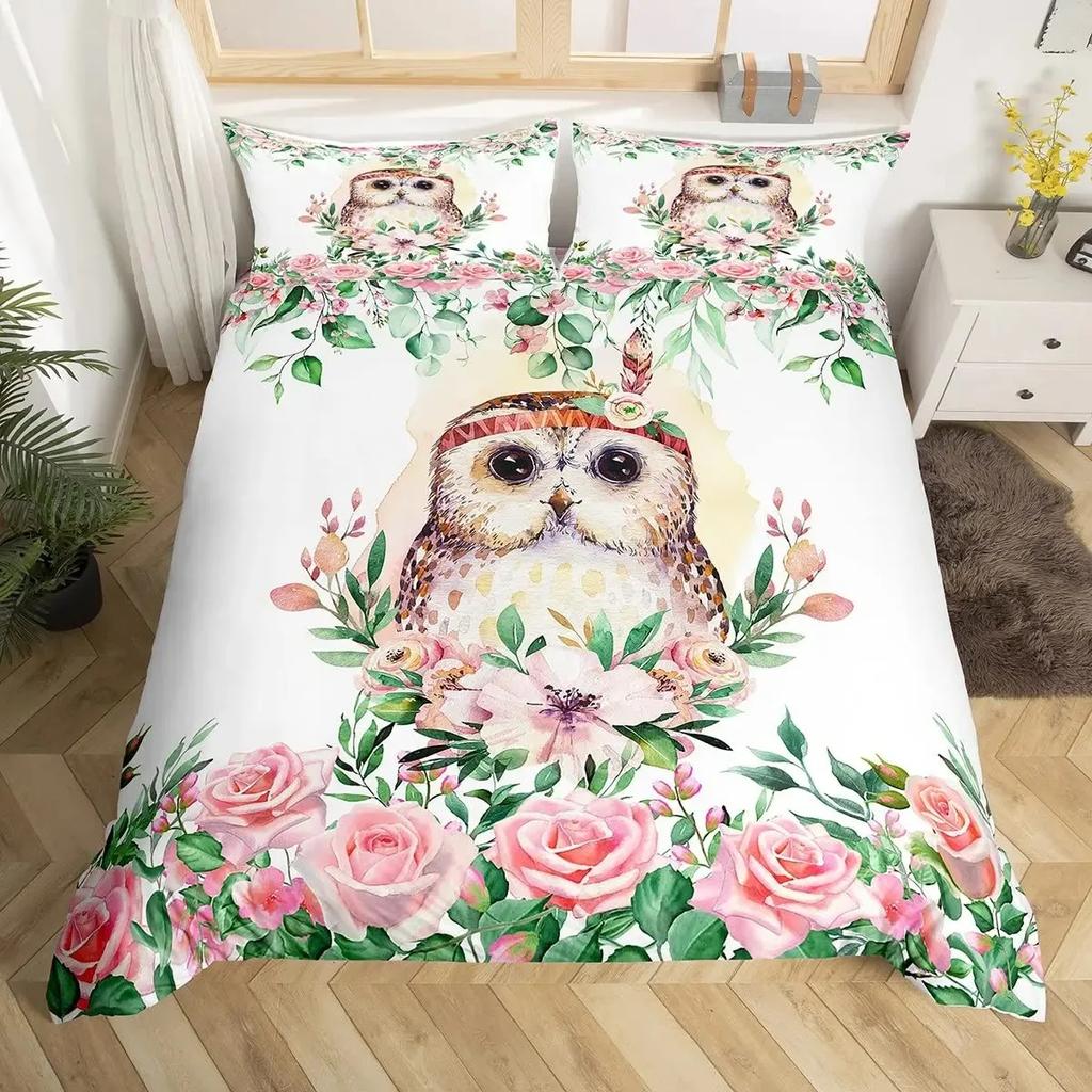 Owl Duvet Cover Set 3D Boho Owl Bedding Set Boho Exotic Style Comforter Cover Moon Safari Bird Animal Print Quilt Cover Queen