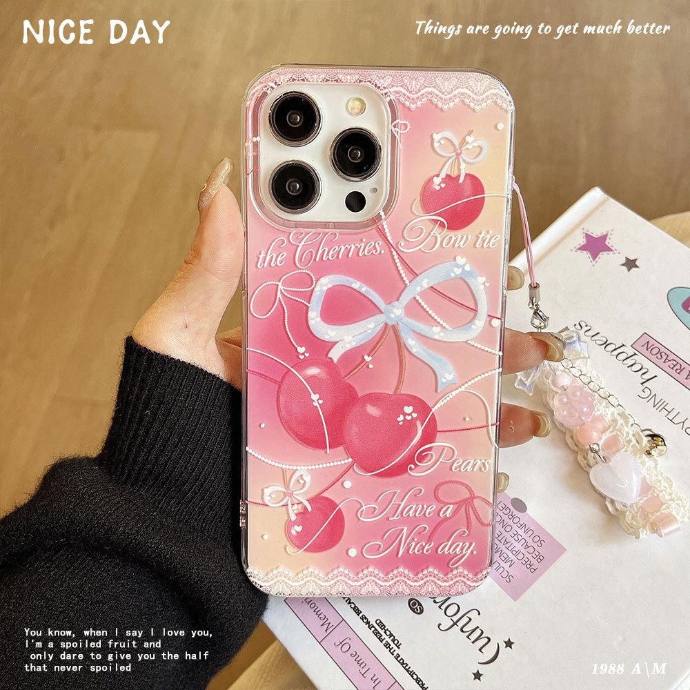 Small and Fresh Suitable for Apple 16PM Bow Mobile Phone Case High-end Iphone15 Cherry Lace Protective Case