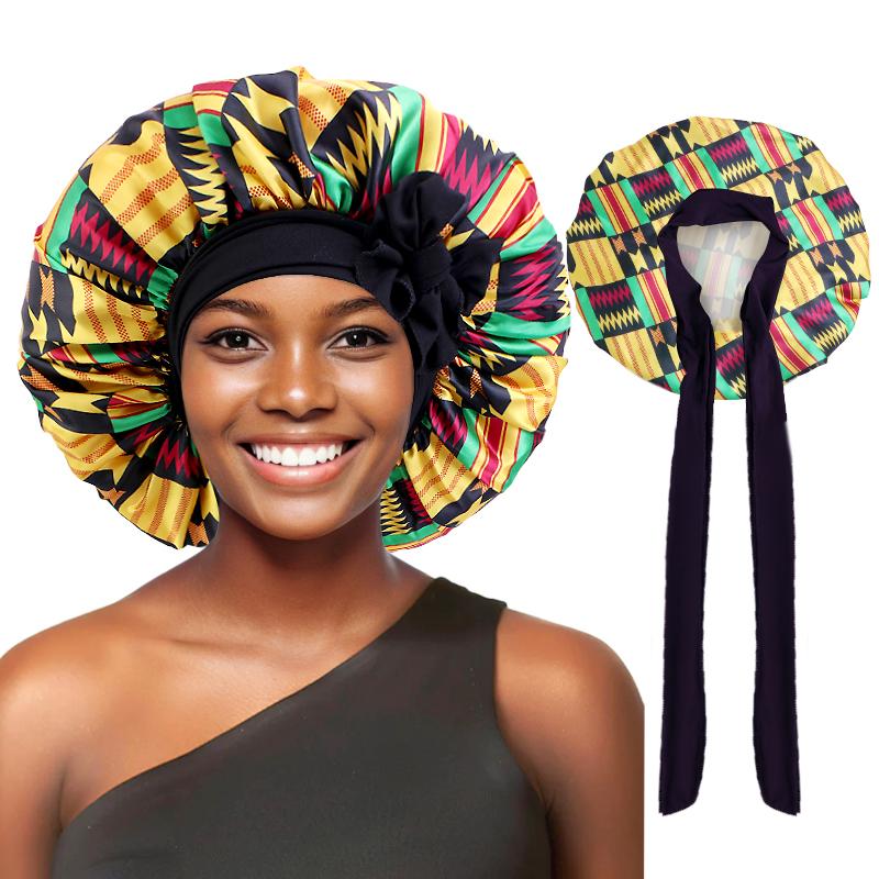 African Large Women Bonnet Satin Ribbon Sleep Cap Elastic Band Women Head Wrap Ladies Night Sleeping Cap Turban Chemo Hat