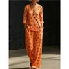 Summer new pink flamingo print V-neck diagonal shirt wide-leg pants two-piece set women's casual suit