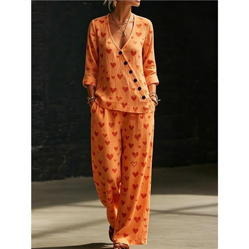 Summer new pink flamingo print V-neck diagonal shirt wide-leg pants two-piece set women's casual suit