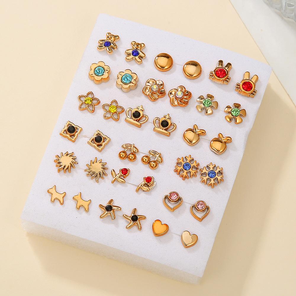 Popular 18 Pairs of Small Stud Earrings, Geometric Multi-pattern Cartoon Versatile Alloy Earrings