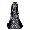 European and American Fashion Hot-Selling Evening Gown, Medieval-Style Hooded Flared Dress, Printed Retro Artistic Long-Sleeve Tie-Waist Dress