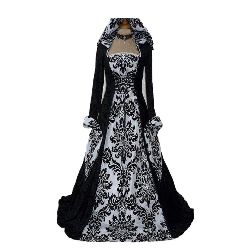 European and American Fashion Hot-Selling Evening Gown, Medieval-Style Hooded Flared Dress, Printed Retro Artistic Long-Sleeve Tie-Waist Dress