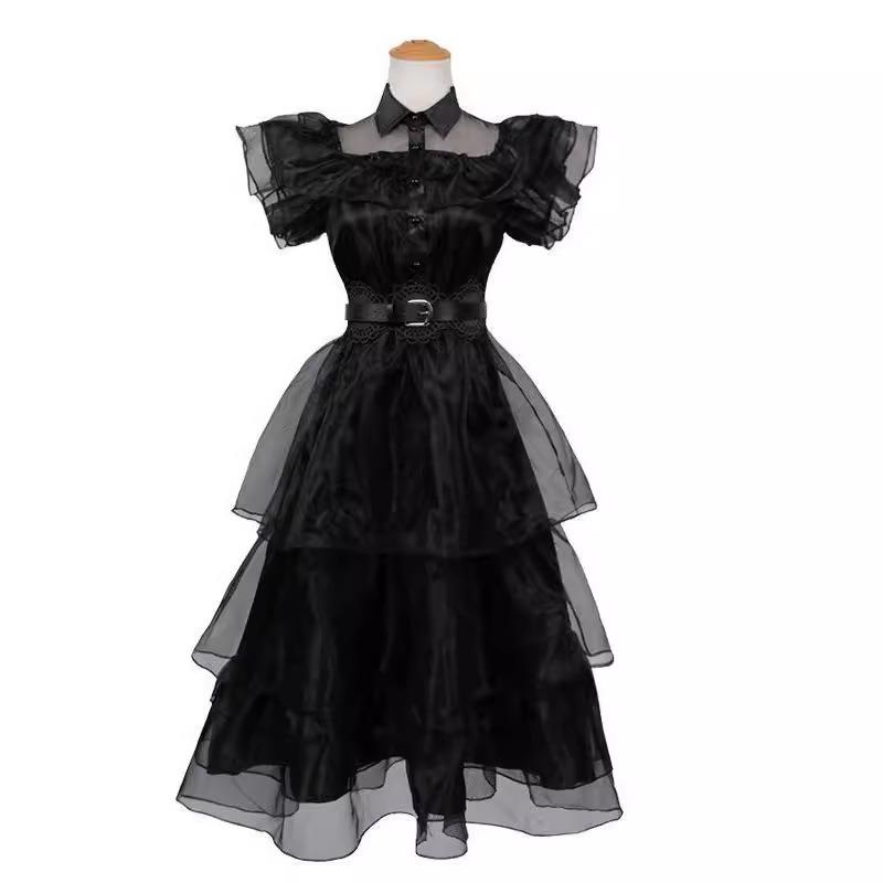 Adams Family Costume Halloween Children Cosplay Costume Wednesday Black Veil Dress