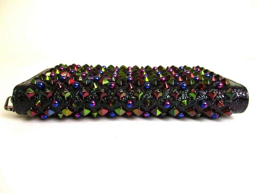 Authentic Christian Louboutin Panettone Black Leather Multicolor Spikes Round Zip Wallet #9746  Refurbished