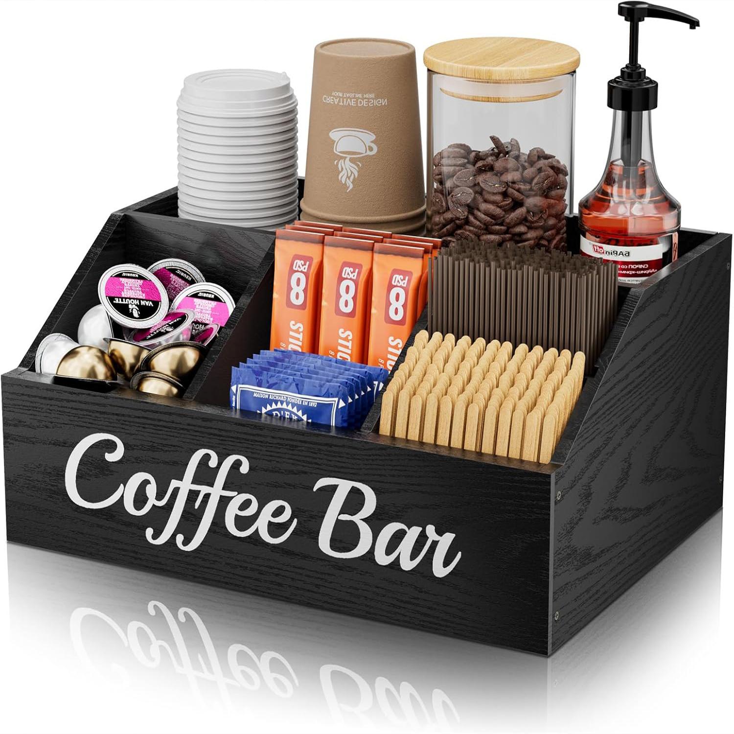 

Wooden Coffee Storage Box Countertop Spice Organizer Multi-Purpose Coffee Bar Cabinet Kitchen Counter Storage Box