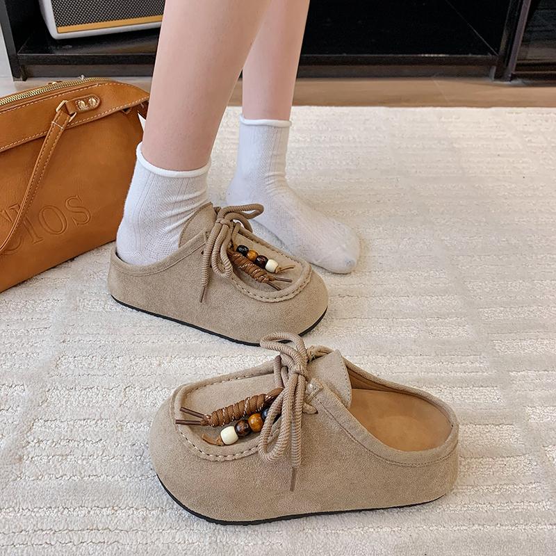 Fashion Women's Flat Shoes Cover Toe Slingback Lace-up String Bead One Kick Increased Internal Slippers All-match RetroSuede Women Shoes