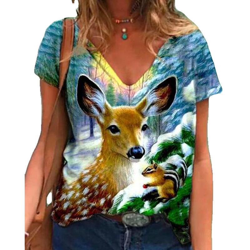 Trendy Women's Casual T-shirt Top V-neck Loose Short Sleeved Top Digital Printed 3D T-shirt