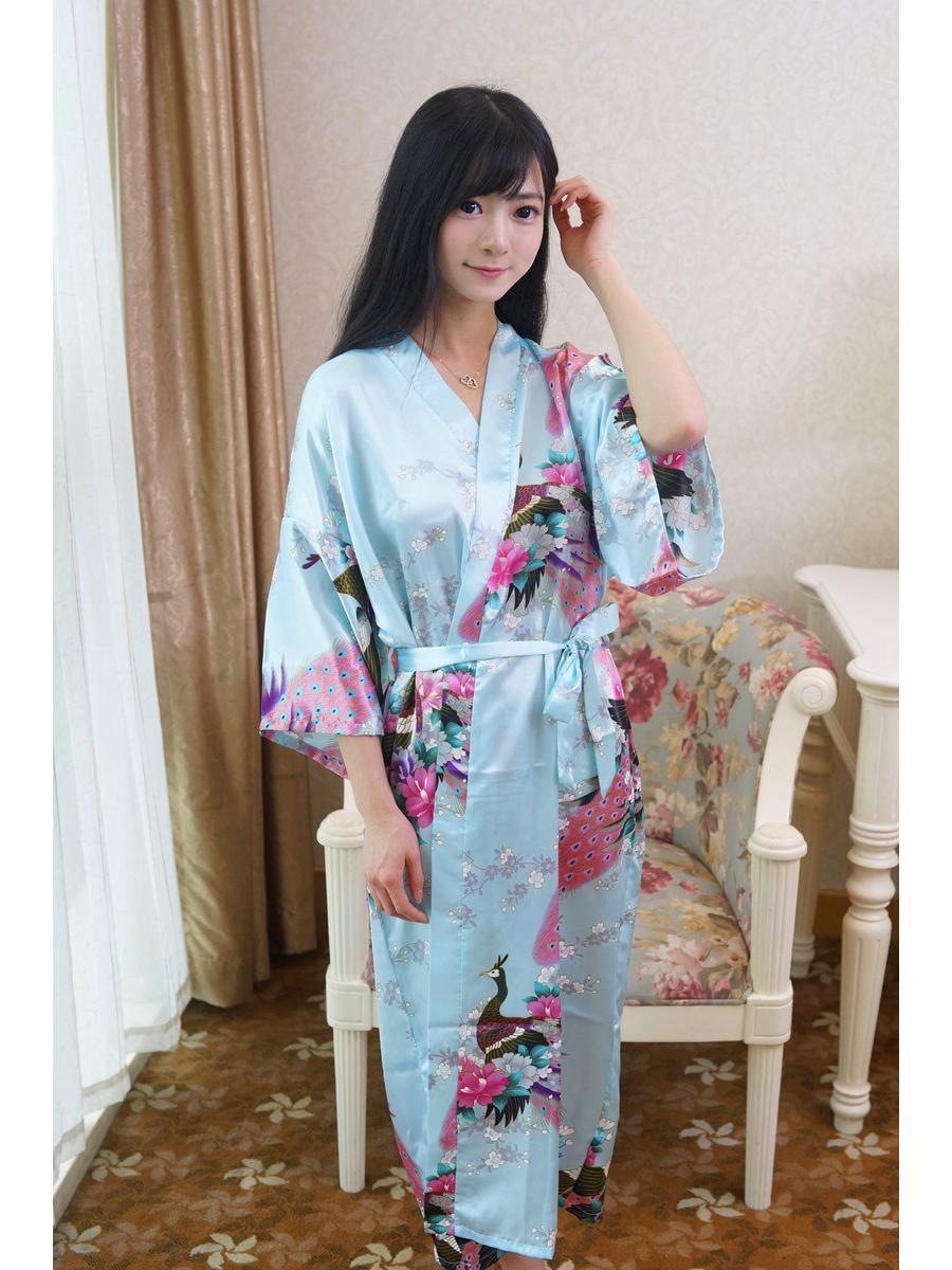 

Women s Plus Size Peacock Tang Suit Silk-Issue Bathrobe Pajamas One Size світло-синій колір