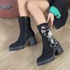 Europäische und Amerikanische Mittellange Stiefel 2026 Herbst Neu Gesticktes Blumenmuster Design Sinn Hochhackig Vielseitige Mode Stiefel