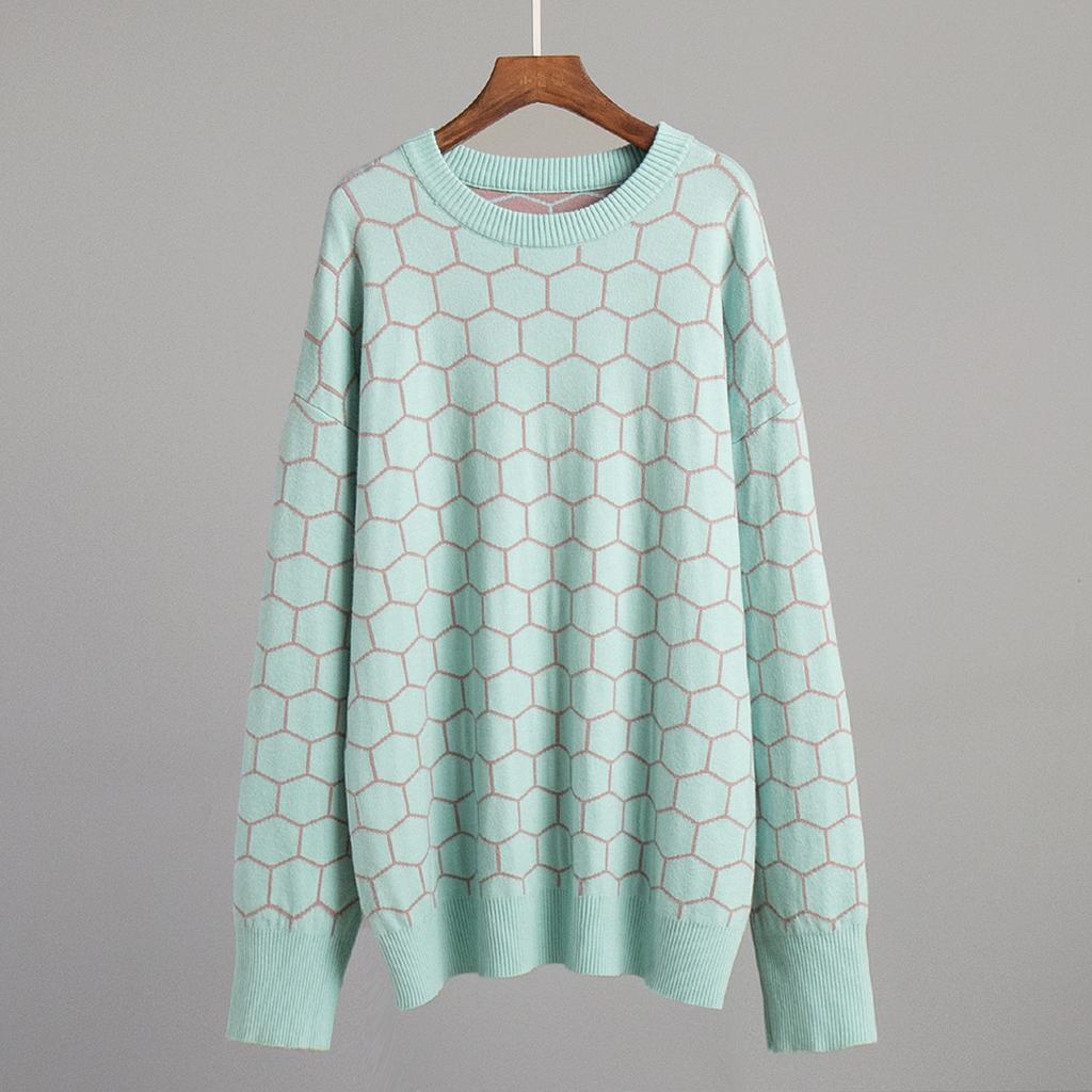 Autumn Winter Honeycomb Print Sweater Women's Round Neck Loose Temperament Versatile Comfortable Long-sleeved Knit Top
