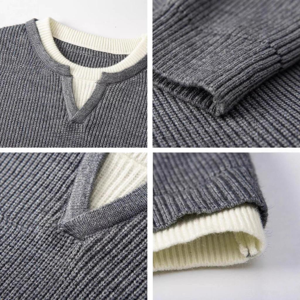 Winter Fake Two-piece Knitted Sweater Men's Lazy Style Pullover Thread Coat Loose Inside with Crew Neck Bottoming Shirt