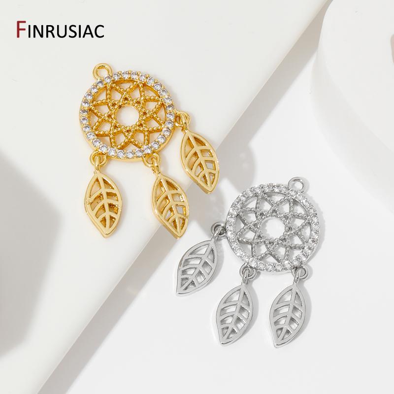 18K Gold Plated Brass Hollow Out Charms Pendants,Inlaid Zircon Leaf Pendant For DIY Neckalce Earrings Making Findings