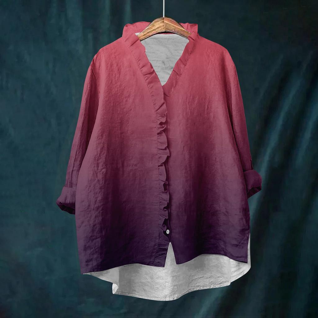 Dame Løs Volangert Blomstert Trykk Ståkrage Langermet Bomull og Lin Topp