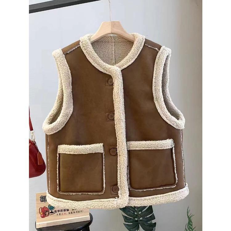 Doppelseitige Weste Damen Vintage Schaffell Pelzweste Wendeweste Herbst Winter Braune Weste