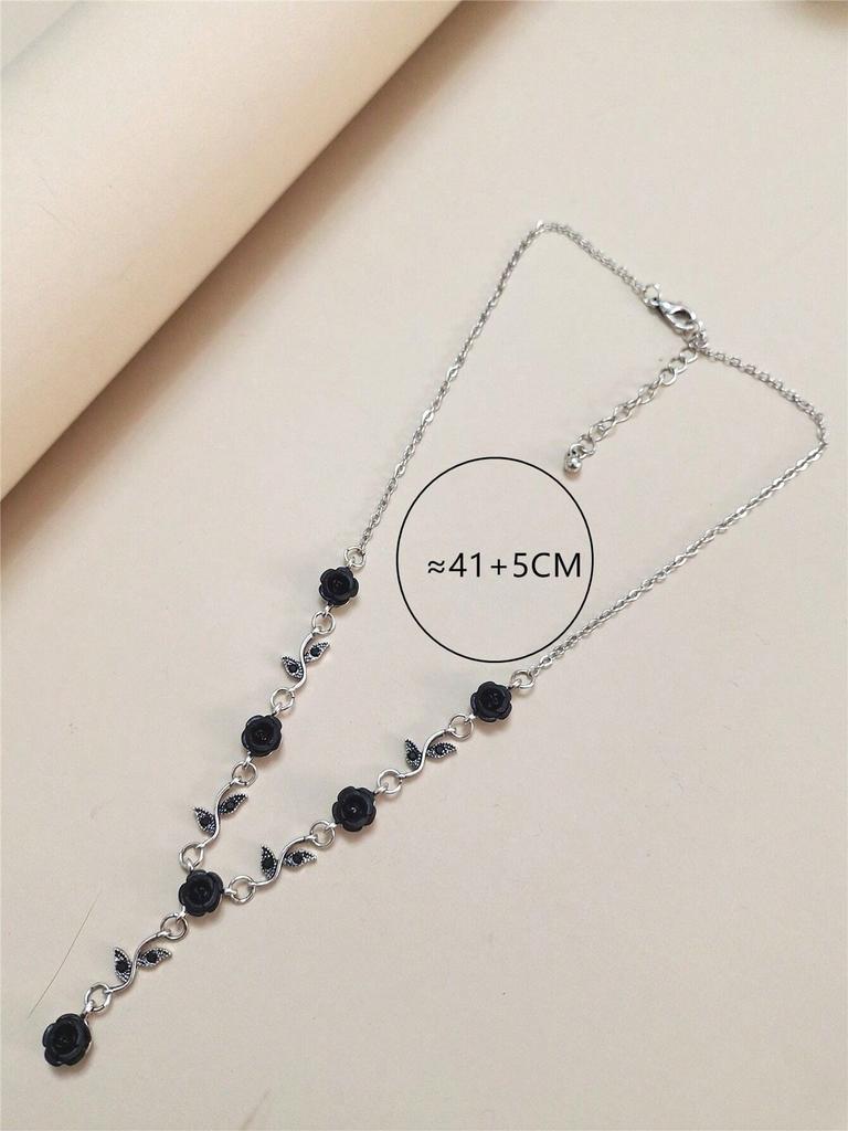 1pc Black Rose Flower & Leaf Shaped Black Gemstone Necklace, Suitable For Women's Daily Wear Valentines,Mom,Mother,Mother's Day,Gift