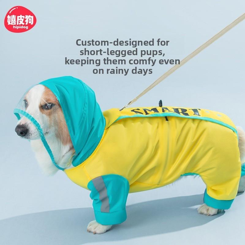 2026 Full Coverage Color Block Dog Raincoat Four Leg Waterproof Coat For Corgi Dachshund Small Medium Dogs Outdoor Wear