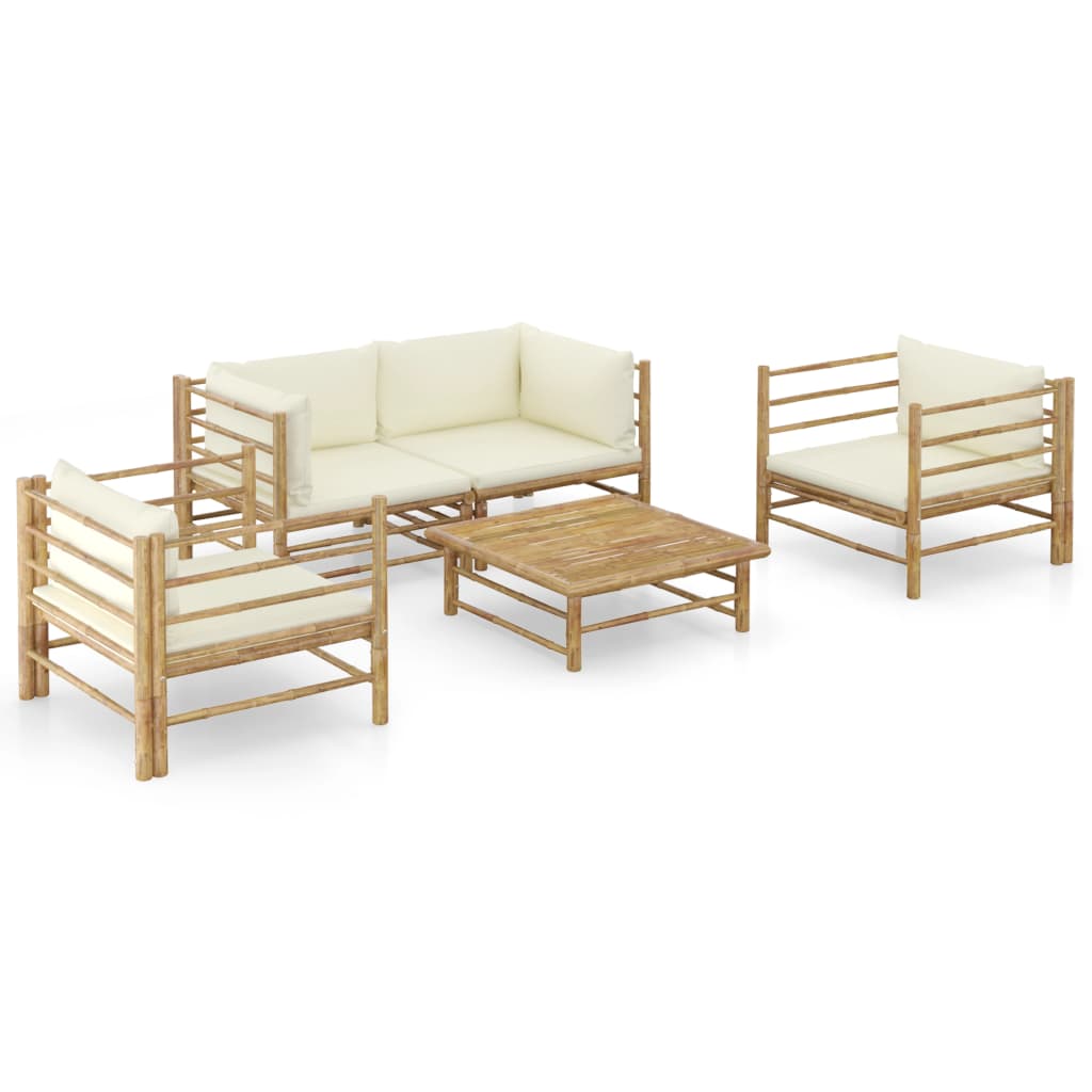5 Piece Garden Lounge Set with Cream Colored Cushions Bamboo