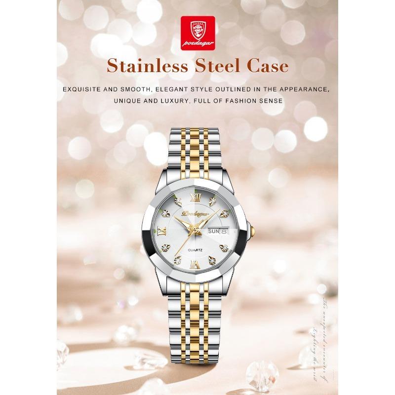 POEDAGAR Luxury Ladies Wristwatch Luminous Waterproof Date Week Woman Dress Watches Stainless Steel Watch Quartz Clock+Box