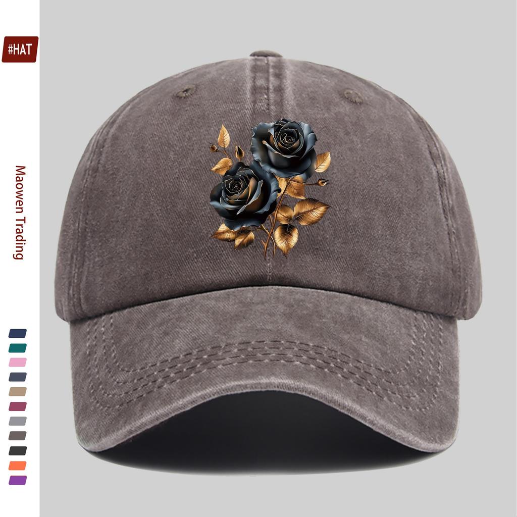 pc Baseball Cap with Black and Golden Rose Print Suitable for Spring and Summer Comfortable and Lightweight Decorative Hat A