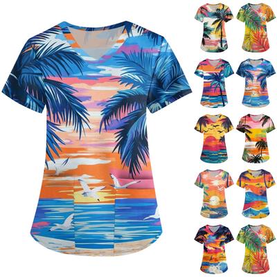 Women's Fashion V-neck Short-sleeved Workwear With Pocket Hawaiian Print Top Carer Suit