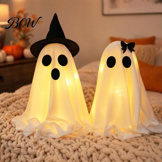 Halloween Ghost Decoration Decoration, Light-Up with Witch Hat/Bow, Spooky Decor Standing for Porch Yard Outdoor Ghost-themed
