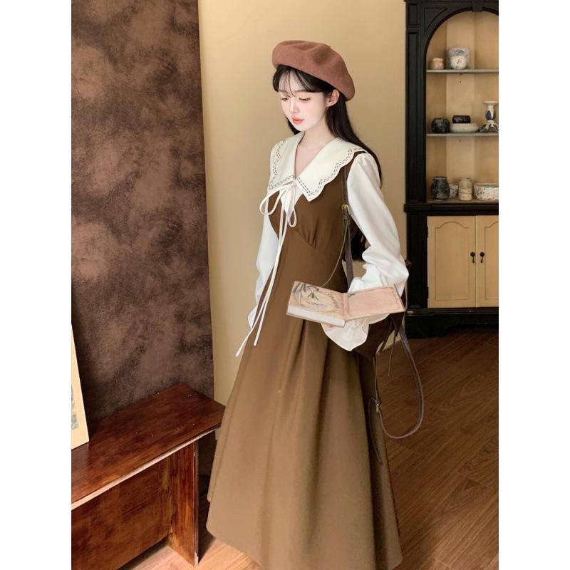 Plus Size Retro Doll Collar Two-Piece Long Dress - Slimming French Autumn Style for Women