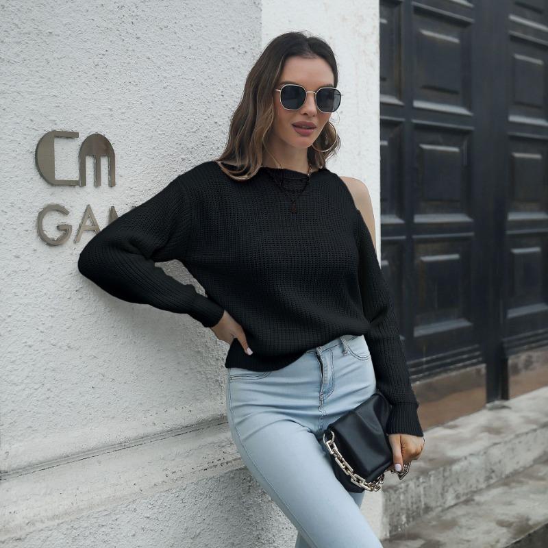 

Модный однотонный белый свитер без бретелек с круглым вырезом и длинными рукавами, свободный повседневный женский пуловер цвета хаки для осени и зимы L чёрный