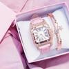 Women's Trendy Square Dial Quartz Watch with Leather Strap & Star Bangle