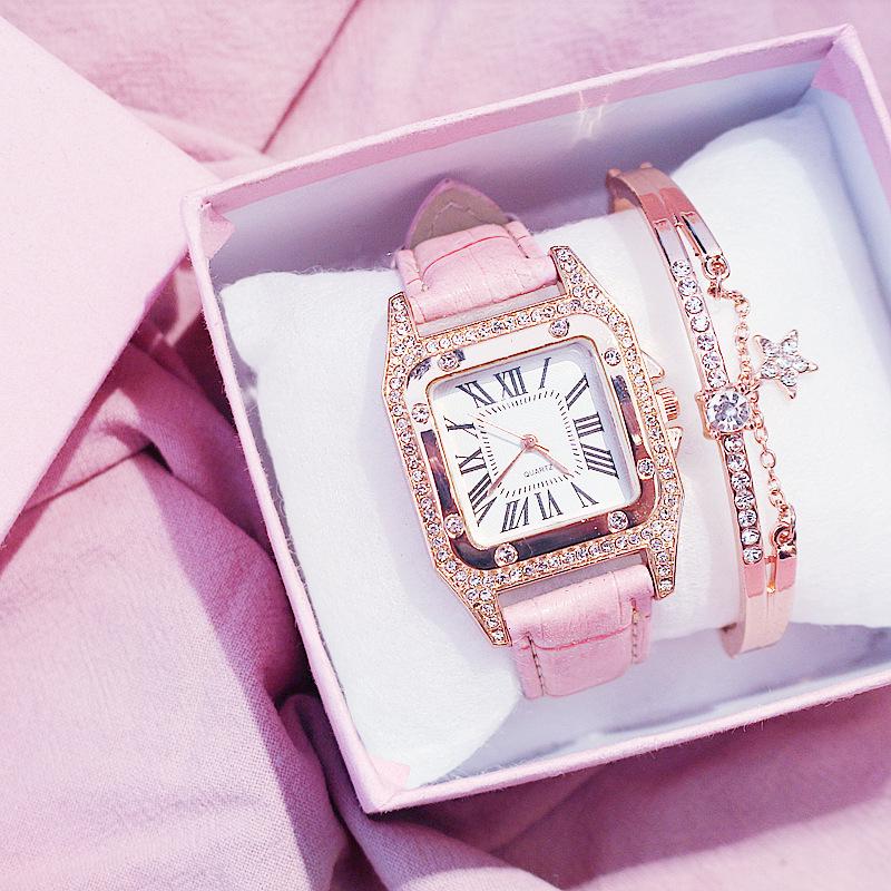 Women's Trendy Square Dial Quartz Watch with Leather Strap & Star Bangle