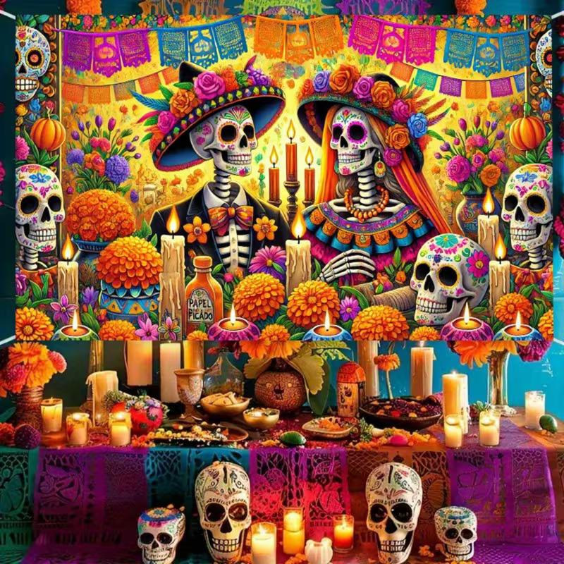 Mexican Culture Event Background with Marigolds and Papel Picado Flags