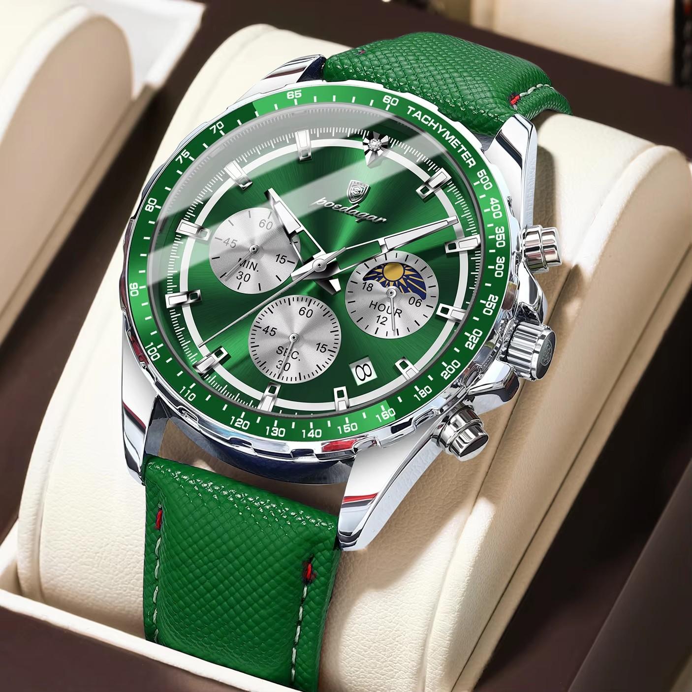 

Модные мужские наручные часы Водонепроницаемые из нержавеющей стали Светящиеся Мужские часы Хронограф Дата Роскошные Кварцевые Мужские часы leather strap зелёный