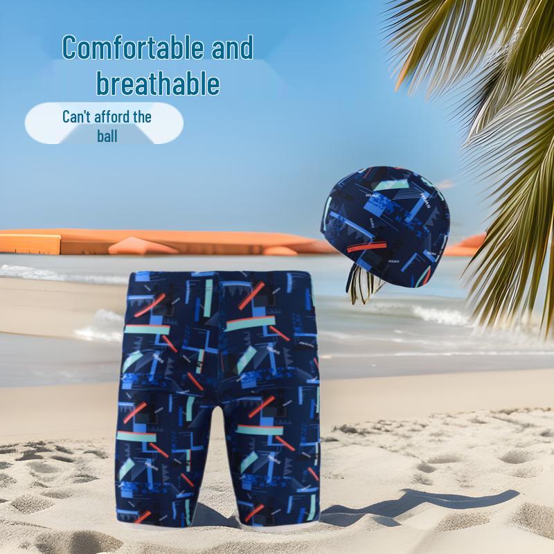 

Boys Cartoon Swim Trunks & Cap Set: Kids Training Suit with Flat-Leg Trunks 140
