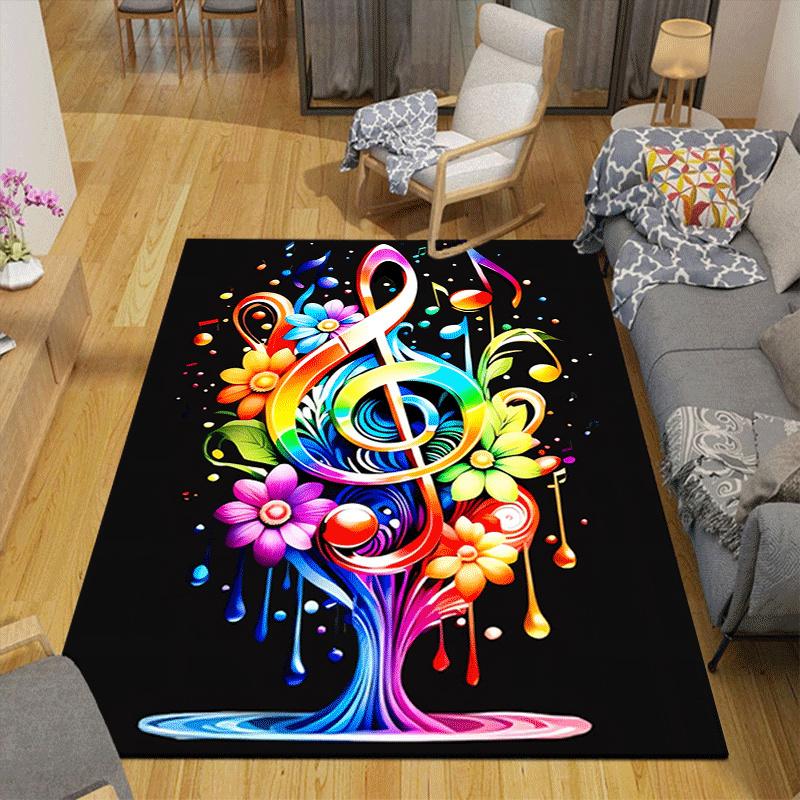 1pz Tappeto da Interno con Stampa di Fiori e Note Musicali, Design, Morbido, Antiscivolo e Durevole, Decorazione per Stanza dei Giochi, Camera da Letto, Soggiorno ed Ex