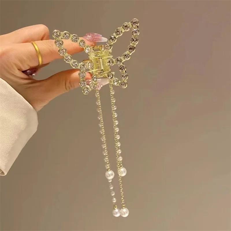 Exquisite Rhinestone Butterfly Fringe Hair Claw Korean New Ponytail Braid Pearl Hair Clip Girl Crab Metal Headdress Gift