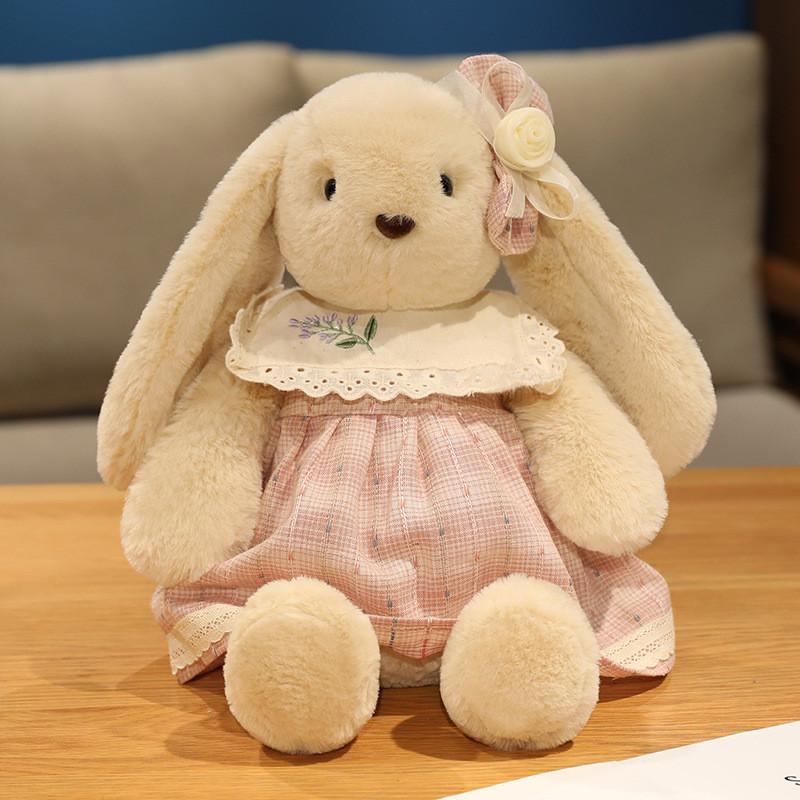 Pp Cotton Plush Bunny Doll With Checkered Dress And Floral Bow Decoration For Women And Friends