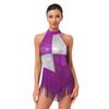 Womens Latin Dance Costume Sleeveless Backless Color Block Design Shiny Sequins Tassels Leotard