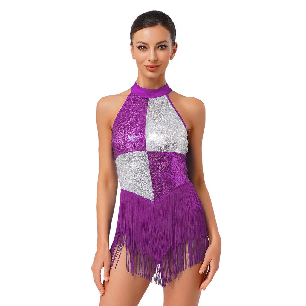 Womens Latin Dance Costume Sleeveless Backless Color Block Design Shiny Sequins Tassels Leotard