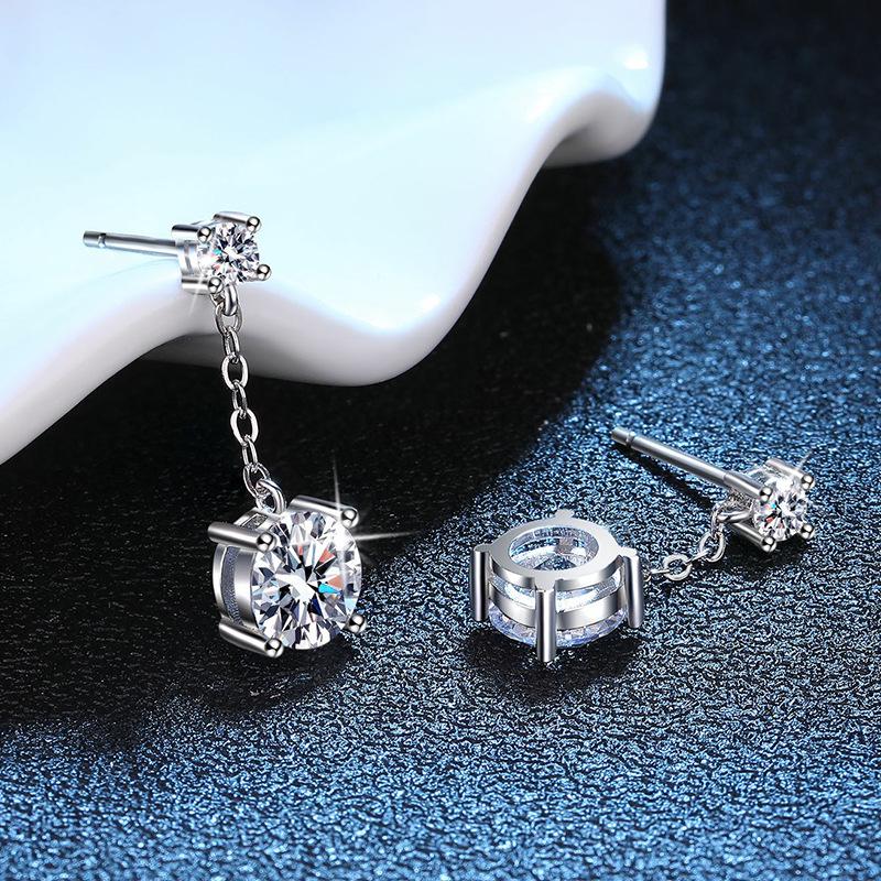 Elegant Sterling Silver S925 Diamond Stud Earrings with One Carat Zirconia Tassel and Four-Prong Design.