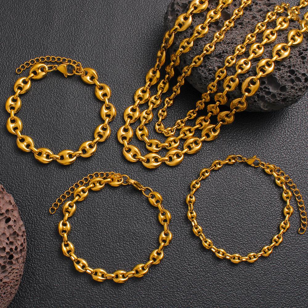 18K Coffee Bean Hip Hop Stainless Steel Necklace Bracelet