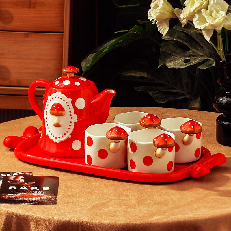 

Light luxury ceramic water cup pot set, household living room mushroom ceramic water set gift box 290-900ml